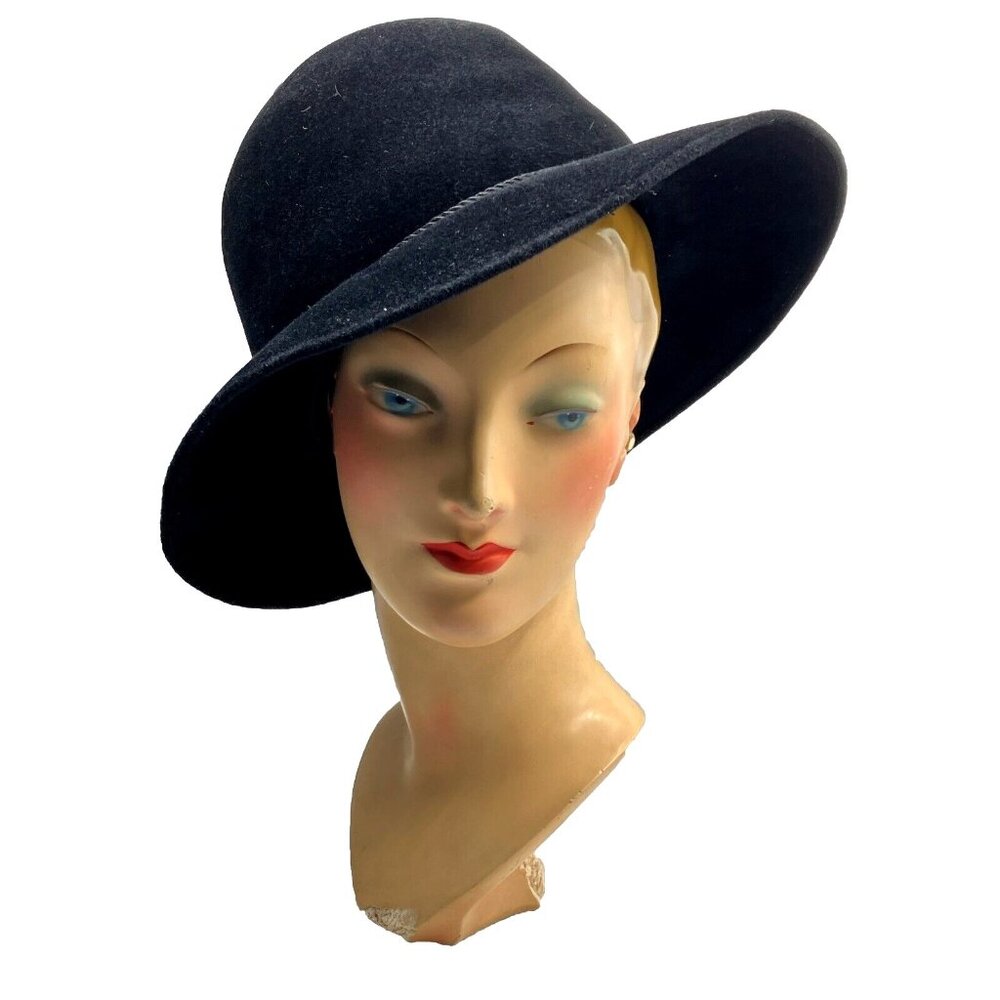 Vintage Patricia Underwood fur Felt hat fedora high Crown Runway Black